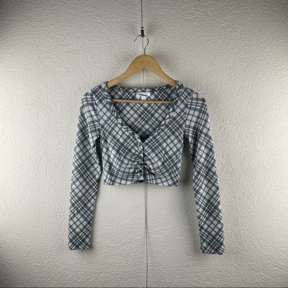 Colsie l XS Gray Plaid Rockabilly Super Soft Fleece Cropped Loungewear Sleep Top